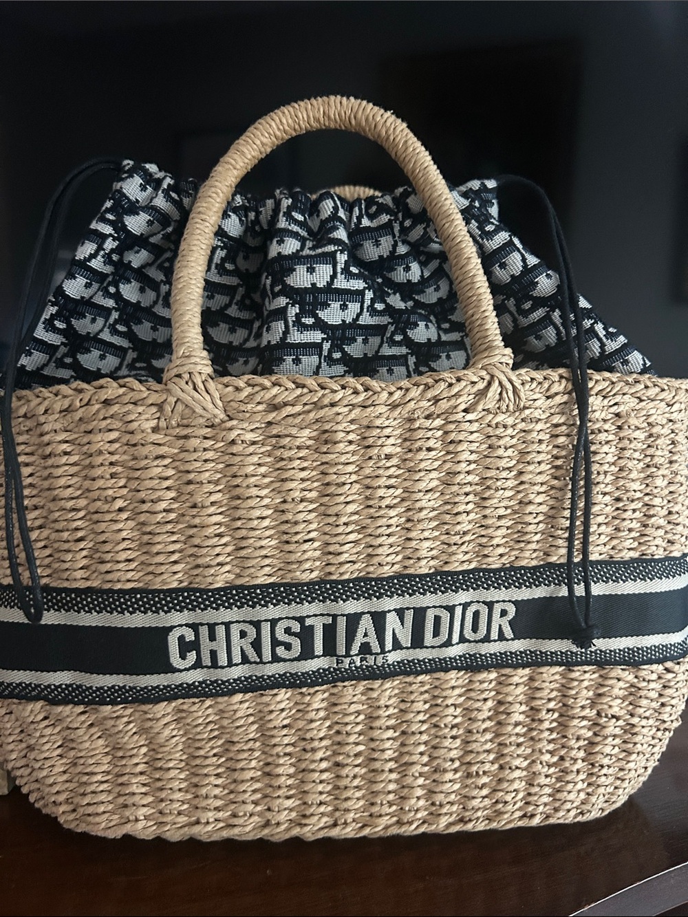 Medium sized Dior Natural Straw Tote with Black Logo Band